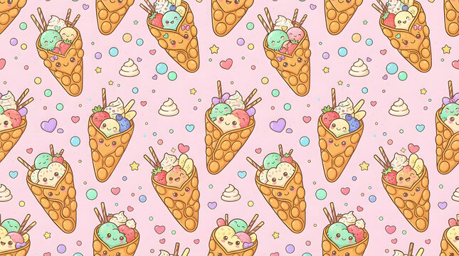 Seamless Kawaii Pattern of Cute Bubble Waffle Ice Cream Cones on Pastel Rainbow Gradient Background