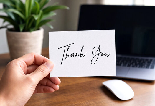 Hand holding a thank you card on a wooden desk with laptop and plant nearby