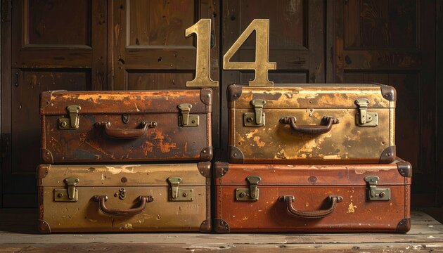 Rustic Vintage Suitcases Stacked with Large Number 14