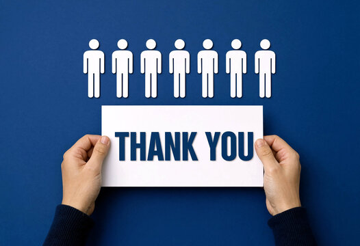 Hands holding thank you sign with group of people icons above expressing gratitude and appreciation