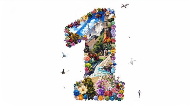 Colorful Number One Made of Flowers and Scenic Images