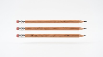 Obraz premium Three wooden pencils arranged horizontally on white background ideal for education, business branding, and creative office supplies presentation