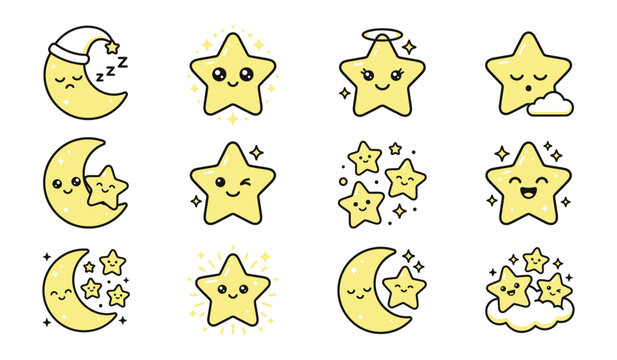 Cute moon and stars characters, night sky cartoon vector illustration set.