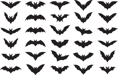 Fototapeta premium Large collection of black bat silhouettes with different open wing shapes for Halloween decoration, spooky graphic design, and horror themes.