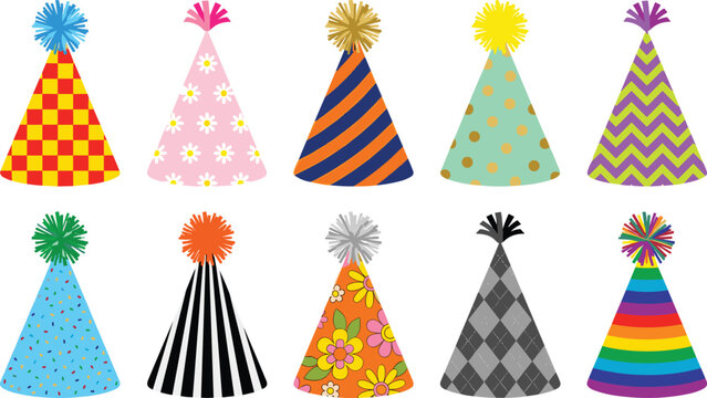 Colorful Party Hats Vector Set with Different Patterns and Pom Poms for Birthday Celebrations, Festivals, Events, Graphics, and Festive Invitation Designs