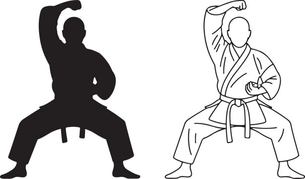 Professional martial artist practicing karate high block and kata stance in a monochromatic black silhouette and line art design.