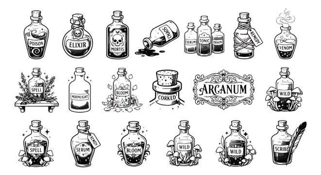 Vintage magic potion bottles and alchemy jars, hand drawn apothecary labels and mystical elixir flasks, 18 vector icons for occult and fantasy design