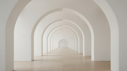 Naklejka premium Minimalist repeating semicircular archway corridor with soft natural light and wooden floor