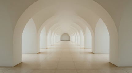 Fototapeta premium Long minimal corridor with repeating semicircular archway and soft natural light