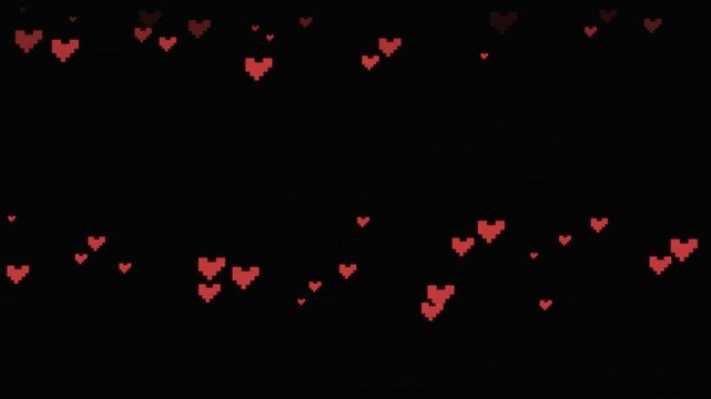 Floating pixelated red hearts on black background