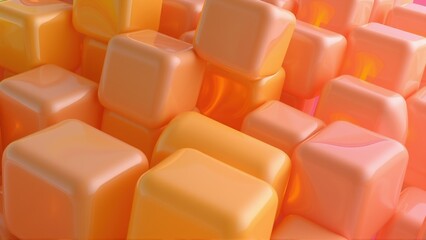 Obraz premium Orange cubes stacked together. Glossy surfaces reflect light, creating warm tones. Abstract geometric composition, modern design.