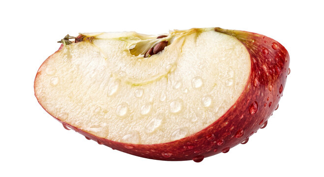 Close-up of a juicy red apple slice with water droplets on its surface