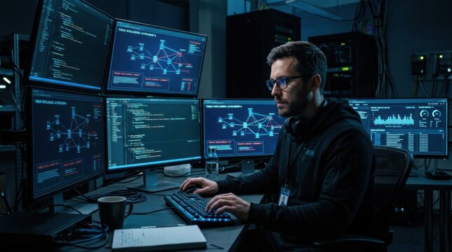 Cybersecurity Analyst Monitoring Network Threats in Security Operations Center