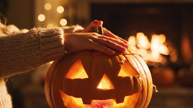 Warm light glows from carved jack-o'-lantern. Hands gently rest on pumpkin's smiling face. Cozy fireplace casts soft, flickering background glow. Candlelight inside pumpkin enhances festive mood