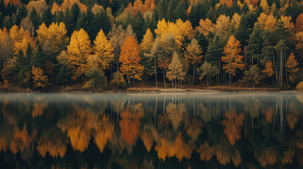 Autumn forest reflection, golden birch and pine trees along calm lake with mist © siraphol