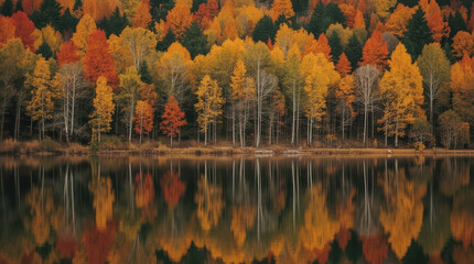 Autumn forest reflection on calm lake with colorful birch and fir trees © siraphol