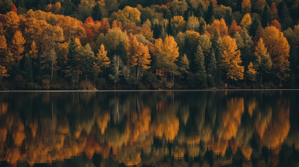 Autumn forest with colorful trees reflected on calm lake, serene golden foliage scene © siraphol