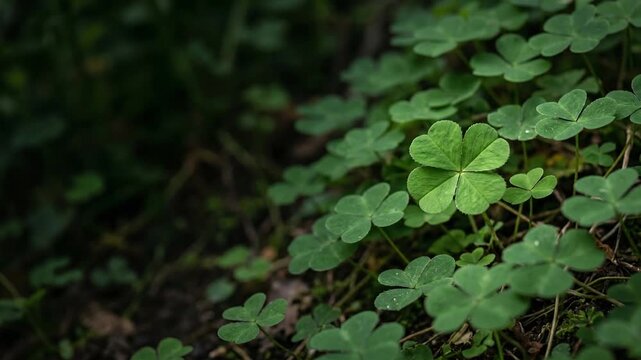 Close-up of a rare green four-leaf clover in a forest patch.