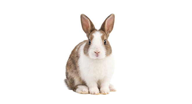 Adorable small rabbit with brown and white fur sitting on a white background