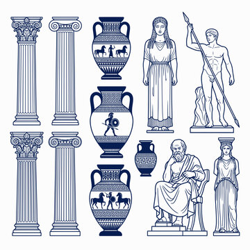 Ancient Greek Art Collection: Columns, Vases, Statues of Figures and Philosophers