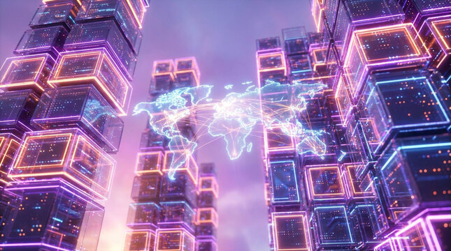3D rendering of a digital world map with network connection lines floating between glowing glass cube towers representing data centers and futuristic urban technology.
