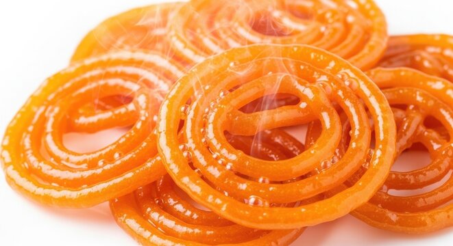 Fresh sweet jalebi dessert snack made of fried batter soaked in sugar syrup arranged in a pile for a tasty treat