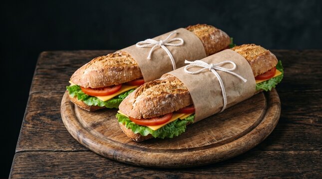 Fresh Baguette Sandwiches with Sliced Halves and Herb Garnish