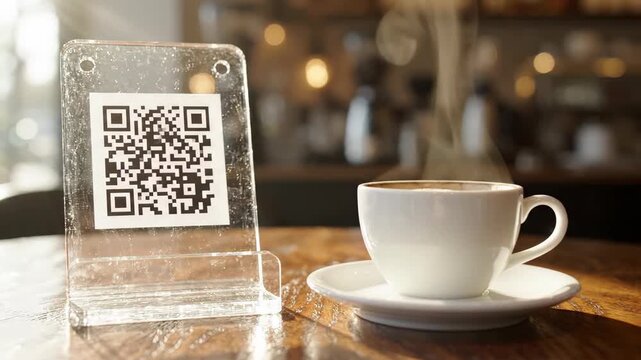 QR Code Stand Acrylic Sign And Steaming Hot Coffee Cup On Wooden Table In Cafe