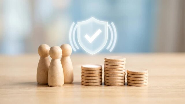 Glowing security shield icon pulsing above wooden coins and family figures for financial insurance concept.