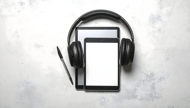 Auriculares con micr&oacute;fono junto a una tableta digital con pantalla en blanco sobre fondo claro en una composici&oacute;n tecnol&oacute;gica minimalista
