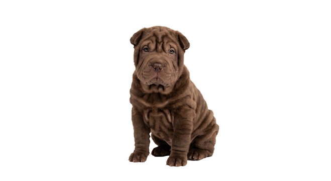 Adorable brown Shar-Pei puppy with distinctive wrinkles sitting on a white background