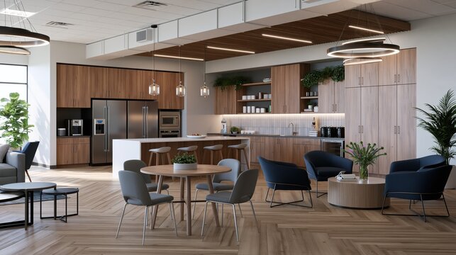 Modern office breakroom with kitchen island and lounge seating during bright daytime illumination