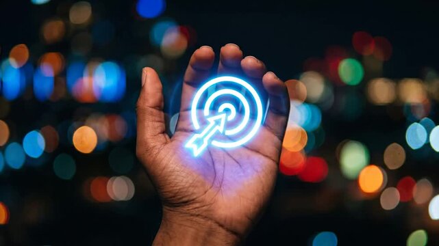 Hand holding glowing blue target hologram with city lights bokeh at night representing business goals