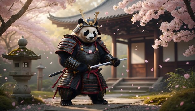 Panda antropom&oacute;rfico vestido con armadura samur&aacute;i y katana en un jard&iacute;n japon&eacute;s con cerezos en flor