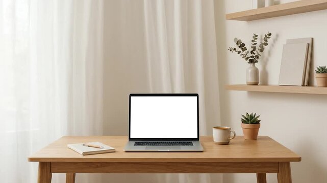 Laptop Mockup with Blank Screen on Wooden Desk in Cozy Home Office with Curtains Blowing in Wind