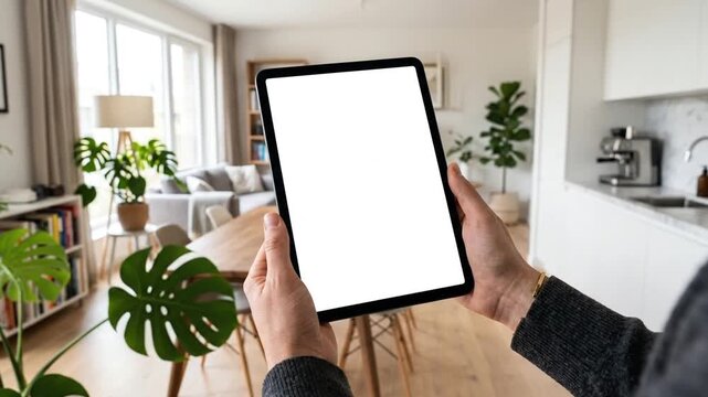 Person Holding A Tablet Computer With White Screen In A Home Living Room