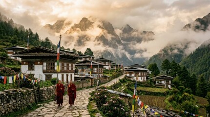 Fototapeta premium Monks Walking Through Peaceful Himalayan Mountain Village