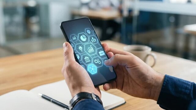 Person using smartphone with financial and business analytics icons on screen in office