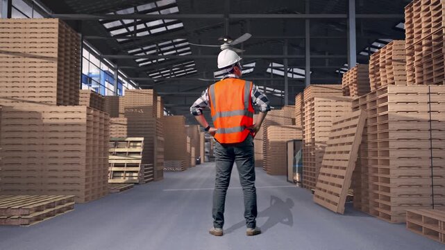 Full Body Back View Of A Male Engineer Wearing Safety Helmet Looking Around While Standing With Arms Akimbo with Stacked Wooden Pallets
