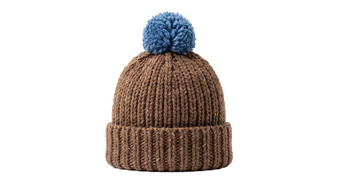 Cozy knitted beanie with a fluffy blue pom-pom for winter warmth