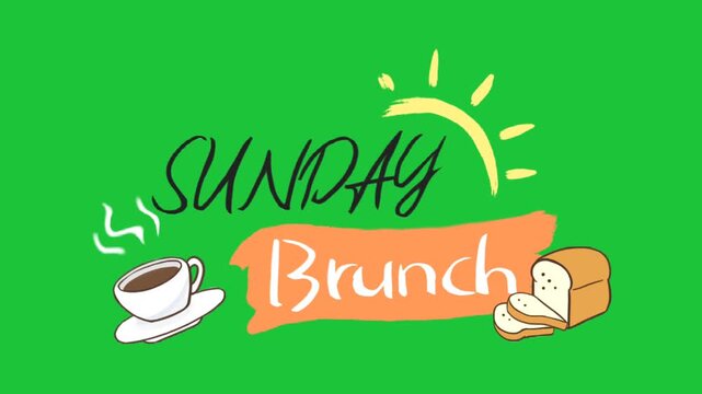 Sunday brunch text title animation with coffee cup and bread slices on green screen background creating a digital motion effect graphic asset