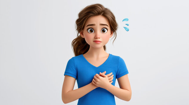 Cartoon woman anxiety expression in blue shirt for stress worry and mental health concept