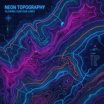 Abstract glowing neon topographic map with pink and blue contour elevation lines on dark background