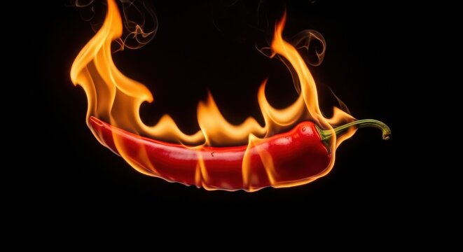 A single fresh red chili pepper engulfed in bright orange flames isolated against a dark black background setting