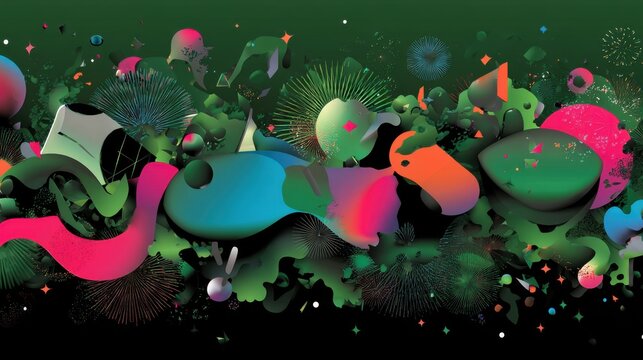 A vibrant surreal of floating geometric shapes