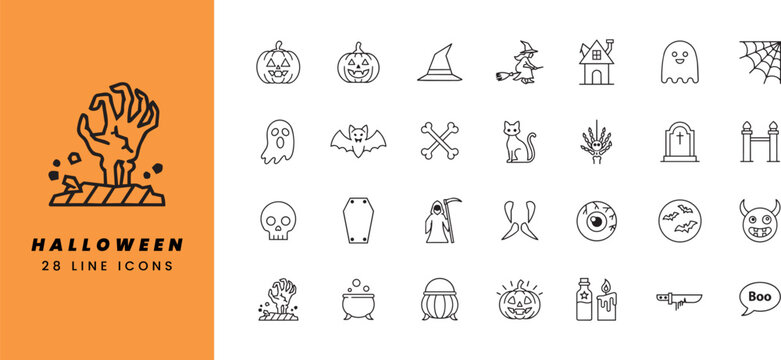 Halloween line icon set with 28 spooky outline symbols including pumpkin, ghost, witch hat, bat, skull, coffin and haunted house