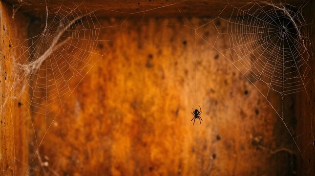 Small black spider hanging from web in dark rustic wooden corner