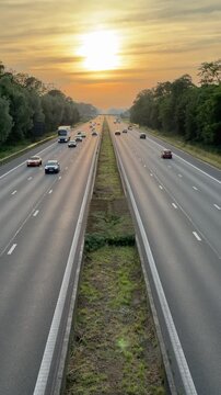 Timelapse Cars driving on a highway during a bright sunset with trees lining the road