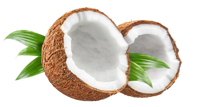 Delicious halved coconuts with white flesh and green leaves, isolated on transparent cutout background