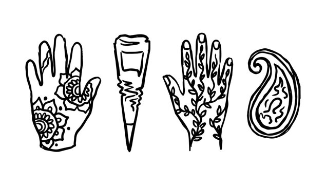Outline artwork displaying traditional henna decorated hands and mehndi cones abstract doodle line art